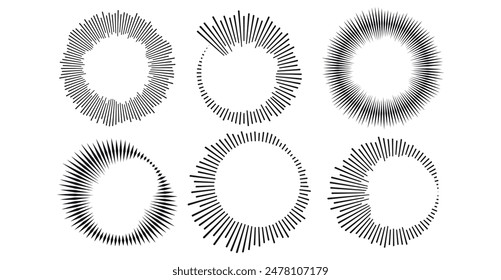 Abstrakter Kreisentzerrer. Schallwellen. Radiales Radio- und Sprachlautstärkesymbol. Vektorillustrationen auf weißem Hintergrund.