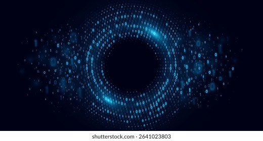 Abstract circular flow of glowing binary code forming a digital vortex. Big data visualization in cyberspace. Technology network background. AI programming machine. Vector illustration.