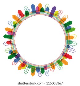 Abstract circular frame with bright city silhouette. Eps10