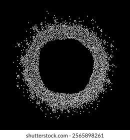 Abstract circular frame made of white stipple dots texture. Ideal for graphic design and artistic concepts. Round snow frame with empty center. Abstract frame made of spots or dots background.