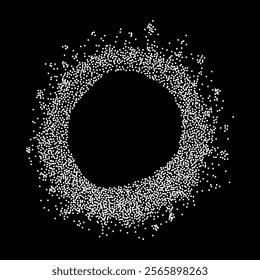 Abstract circular frame made of white stipple dots texture. Ideal for graphic design and artistic concepts. Round snow frame with empty center. Abstract frame made of spots or dots background.