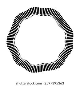 Abstract circular frame. Radial black concentric particles. Ring of short thin rays and dots with wavy silhouette isolated white background. Infographic element. Organic form. Vector illustration.