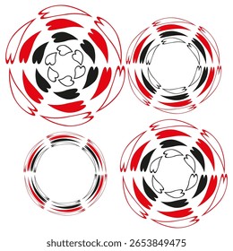 Quadros circulares abstratos. Contornos pretos vermelhos. Padrões geométricos dos anéis. Elementos decorativos vetoriais.