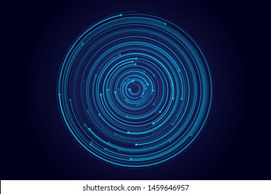 Abstract Circular Galaxy Motion, Orbit Effect Illustration. Cyber Security Concept Digital  Design. Vortex Vector Whirlpool Motion Of Fiber Lines. Blue Galaxy Orbit Graphics.