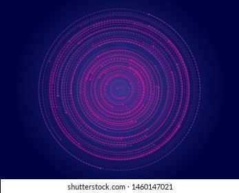 Abstract circular galaxy motion, orbit effect illustration. Cyber security concept digital design. Vortex vector whirlpool motion of fiber lines. Blue pink galaxy orbit graphics.