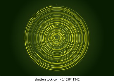 Abstract circular galaxy motion, orbit effect illustration. Cyber security concept digital design. Vortex vector whirlpool motion of fiber lines. Green yellow galaxy orbit graphics.