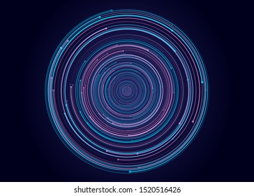 Abstract circular galaxy motion, orbit effect illustration. Cyber security concept digital design. Vortex vector whirlpool motion of fiber lines. Blue pink galaxy orbit circle graphics.