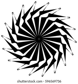 Abstract circular geometric element with radial lines. Distorted radiating abstract shape. Monochrome decorative element