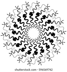 Abstract circular geometric element with radial lines. Distorted radiating abstract shape. Monochrome decorative element