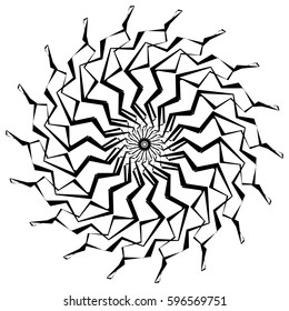 Abstract circular geometric element with radial lines. Distorted radiating abstract shape. Monochrome decorative element