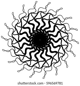 Abstract circular geometric element with radial lines. Distorted radiating abstract shape. Monochrome decorative element