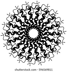Abstract circular geometric element with radial lines. Distorted radiating abstract shape. Monochrome decorative element