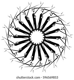 Abstract circular geometric element with radial lines. Distorted radiating abstract shape. Monochrome decorative element