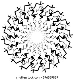 Abstract circular geometric element with radial lines. Distorted radiating abstract shape. Monochrome decorative element