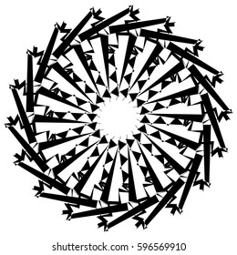 Abstract circular geometric element with radial lines. Distorted radiating abstract shape. Monochrome decorative element