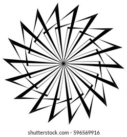 Abstract circular geometric element with radial lines. Distorted radiating abstract shape. Monochrome decorative element