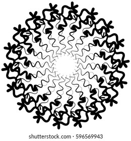 Abstract circular geometric element with radial lines. Distorted radiating abstract shape. Monochrome decorative element