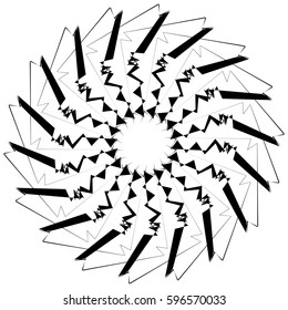 Abstract circular geometric element with radial lines. Distorted radiating abstract shape. Monochrome decorative element