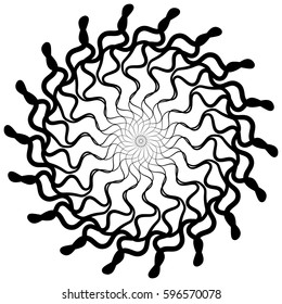 Abstract circular geometric element with radial lines. Distorted radiating abstract shape. Monochrome decorative element