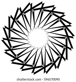 Abstract circular geometric element with radial lines. Distorted radiating abstract shape. Monochrome decorative element