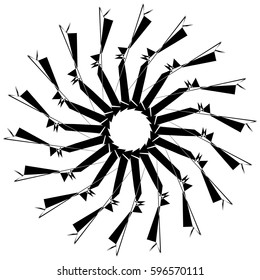 Abstract circular geometric element with radial lines. Distorted radiating abstract shape. Monochrome decorative element