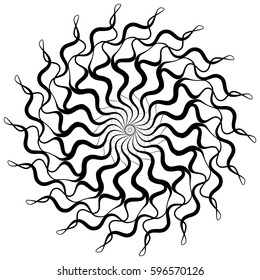 Abstract circular geometric element with radial lines. Distorted radiating abstract shape. Monochrome decorative element
