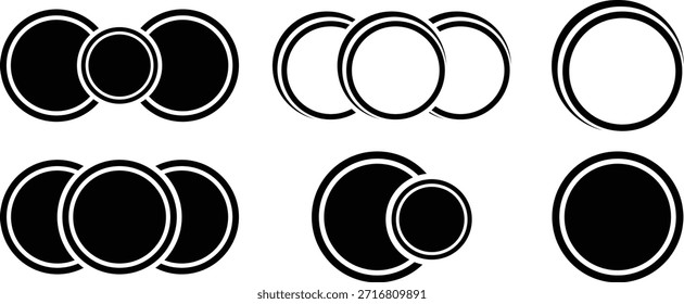 Ícones de logotipo geométrico circular abstrato e conjunto de elementos de design gráfico minimalista. Seis ícones minimalistas de círculos vetoriais em preto-e-branco e de quadros de anéis