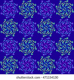 Abstract circular geometric patterns of yellow and purple turntables on a blue background.