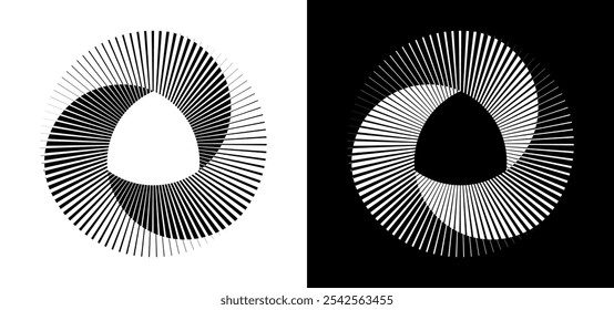 Forma Geométrica Circular Abstrata. Design de Círculo de Linhas. Forma dinâmica redonda para logotipo ou emblema. Ilustração de vetor espiral. Linhas em forma de círculo arredondado. Design geométrico de estilo mínimo preto e branco.