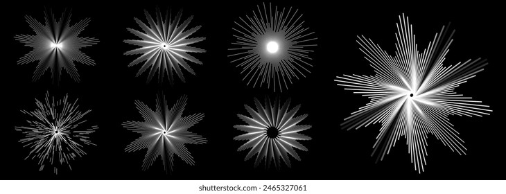 Abstract Circular Geometric Shapes. Lines Star Burst Design. Round Dynamic Shape. Spiral Vector Illustration. Lines in Round Spirograph Form. Black and White Minimal Style Geometric Design.