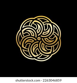 Abstract Circular Geometric Symbol Design with Modern Style and Shinny Golden Color. Isolated on Black Background.