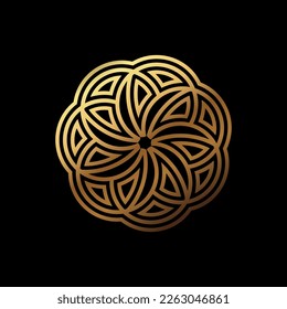Abstract Circular Geometric Symbol Design with Modern Style and Shinny Golden Color. Isolated on Black Background.