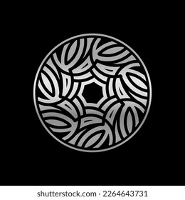 Resumen Diseño de símbolos geométricos circulares con estilo moderno y color plateado brillante. Aislado en fondo negro.