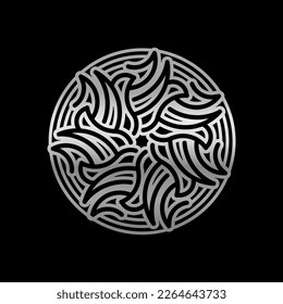 Abstract Circular Geometric Symbol Design with Modern Style and Shinny Silver Color. Isolated on Black Background.