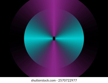 Abstract circular gradient with glowing neon turquoise and purple hues on a black background. Futuristic vector design