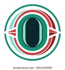 An abstract circular graphic design displaying a dark oval at the core surrounded by multiple concentric rings in teal and crimson tones. The symmetrical composition incorporates pointed geometric shapes to create a modern and visually engaging artistic pattern.