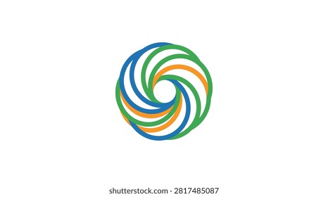 Abstract circular graphic design featuring a dynamic swirl pattern in blue, green, and orange. Clean white background, perfect for branding or digital concepts.