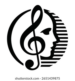 Abstract circular graphic featuring a black g clef overlapping a profile face silhouette against a white background with black stripes