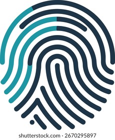Um gráfico circular abstrato com um padrão de impressão digital composto de linhas azul escuro e azul escuro, representando a identidade pessoal, biometria e verificação de segurança digital.