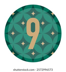 Abstract Circular Graphic with Gold Number 9 on Green Floral and Star-Inspired Patterns