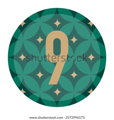 Abstract Circular Graphic with Gold Number 9 on Green Floral and Star-Inspired Patterns