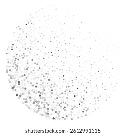 Abstract circular halftone dot pattern in grayscale forming radial dispersion on white background for modern minimalist design concepts.