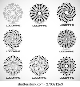 Abstract circular halftone dots form with circles stars spirals squares . Logo design. Vector illustration background.