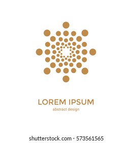 Abstract circular halftone dots logo. Digital golden flower icon design. Dotted logotype template for premium service business, jewellery, bijouterie brand. Sun symbol. Vector emblem illustration.
