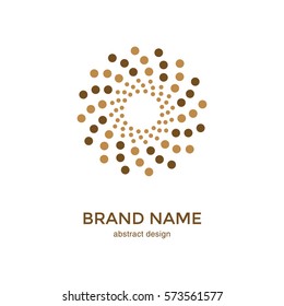 Abstract circular halftone dots logo. Digital flower icon design. Dotted logotype template for premium service business, jewellery, bijouterie brand. Spiral emblem. Sun symbol. Vector illustration.