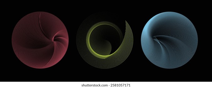 Abstract circular halftone dotted swirl patterns in red, green, and blue on a black background.
