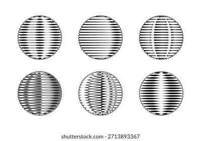 Abstractas esferas circulares de línea de semitono en Ilustración vectorial en blanco y negro.