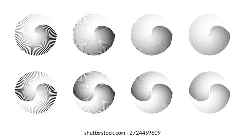Abstrakte kreisförmige Rasterpunkt-Spiralpunktmuster, die in schwarz-weißer Vektorgrafik von dunkel bis hell gesetzt sind.