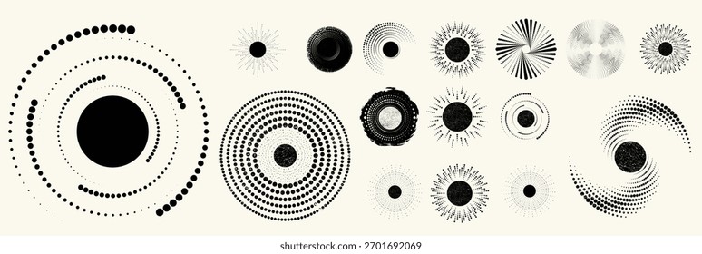 Abstract circular halftones element set, geometric dotted ring and spiral circle shapes for modern design, technology, or motion graphic backgrounds. Dotted round elements, radial spirals, and vortex.