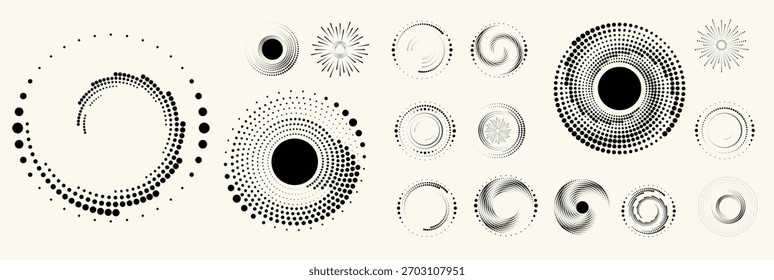 Conjunto de elementos de meio-tons circulares abstratos, anel pontilhado geométrico e formas de círculo espiral para design moderno, tecnologia ou planos de fundo gráficos de movimento. Elementos arredondados pontilhados, espirais radiais e vórtice.
